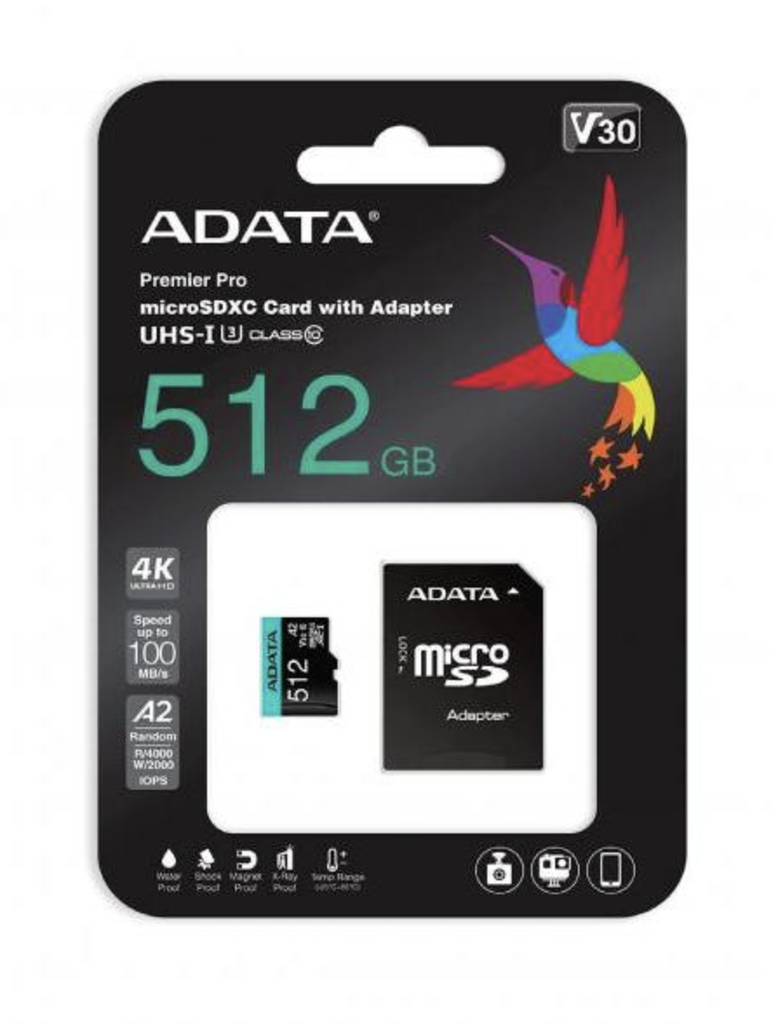 Micro SD ADATA 512GB Premier Pro microSDXC UHS-I U3 / Class 10 V30 A2 Memory Card with SD Adapter, Speed Up to 100MB/s AUSDX512GUI3V30SA2-RA1