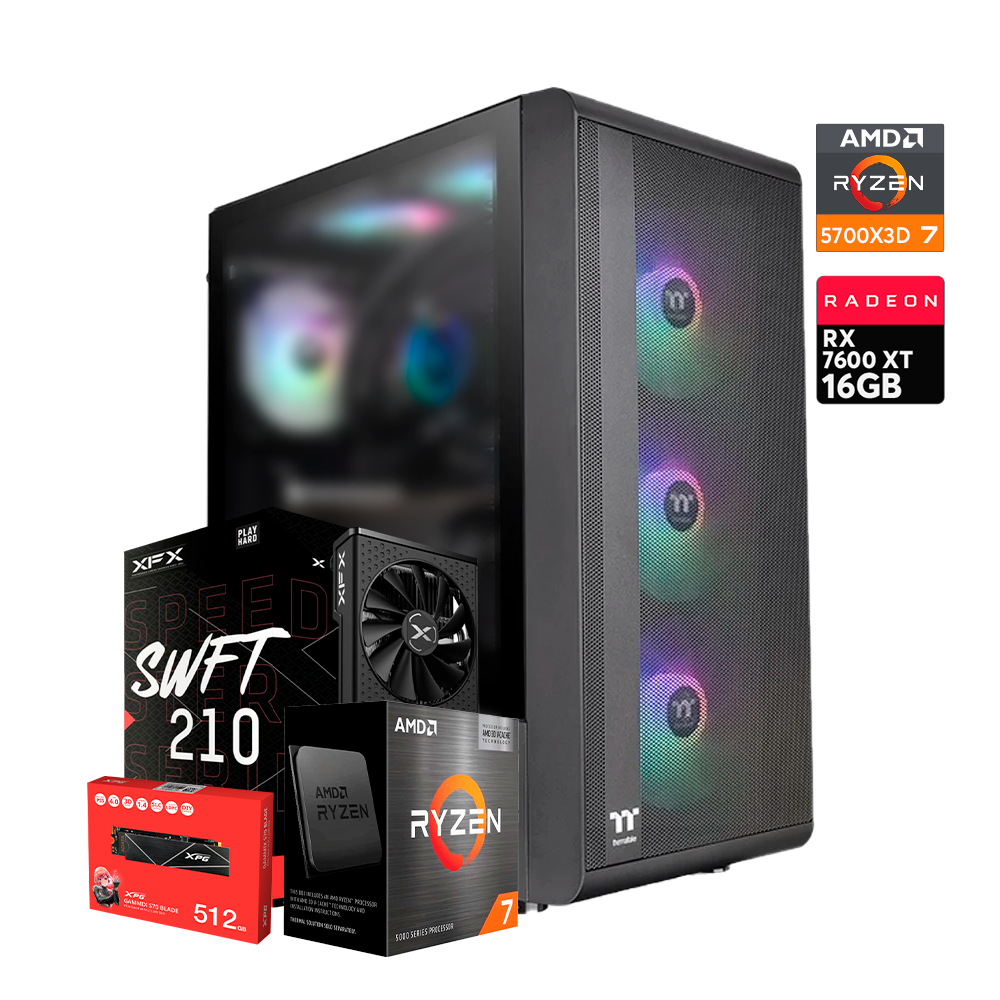 Pc S200 TG PRO Ryzen 7 5700X3D, RX 7600 XT 16GB, DDR4 64GB, M.2 512GB, 240MM, 850W 80+ Platinum.